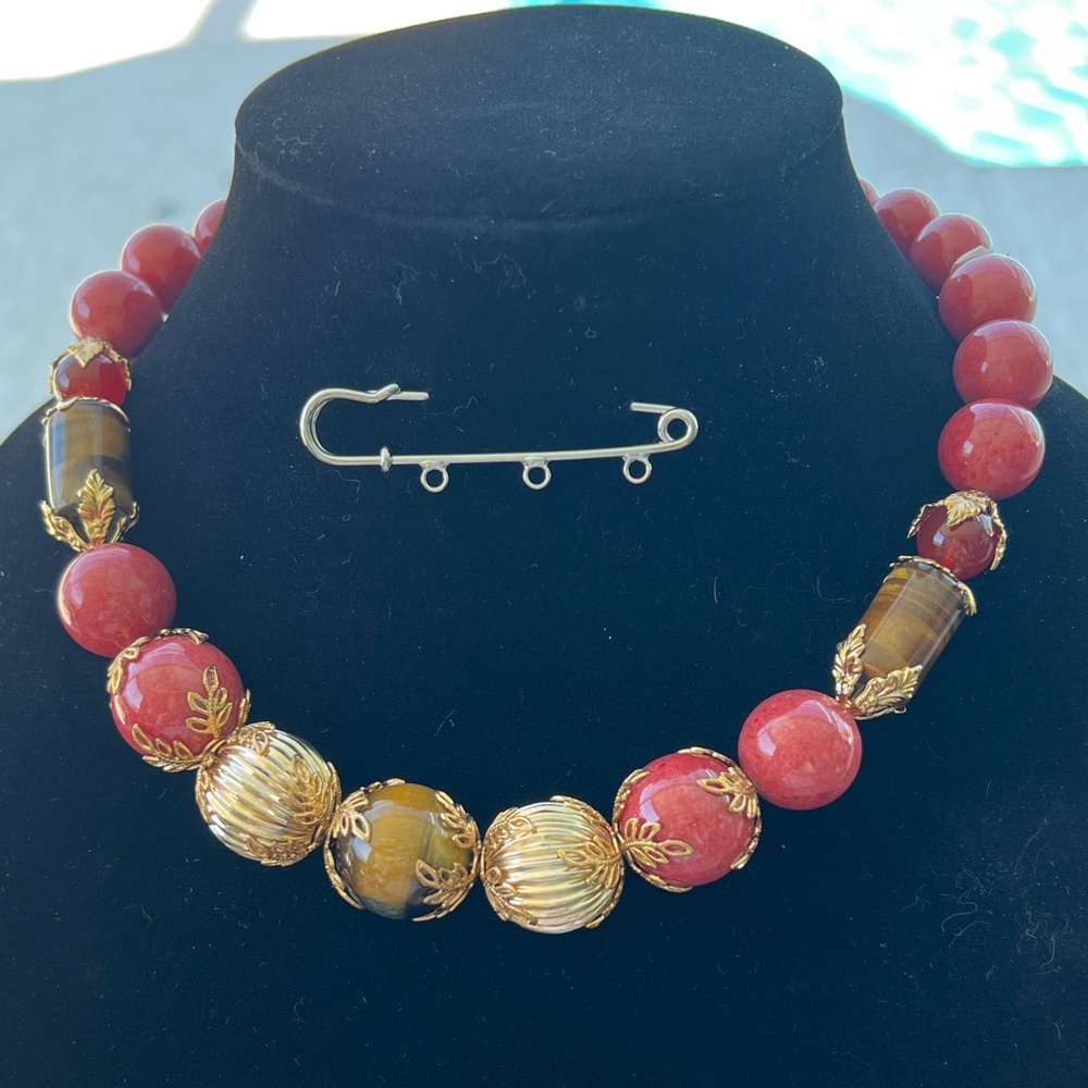 Tigers eye and Brick Quartz beaded Necklace with gold accents.